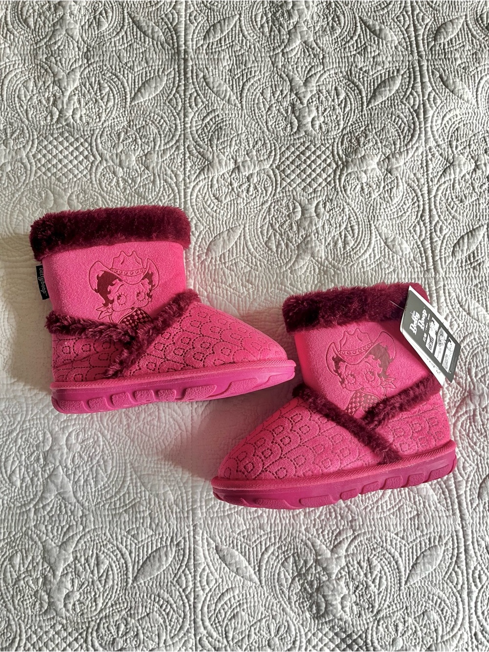 Betty Boop Cowgirl Pink and Purple Fuzzy-Trim Boots - Ugg Style Boots - Cute